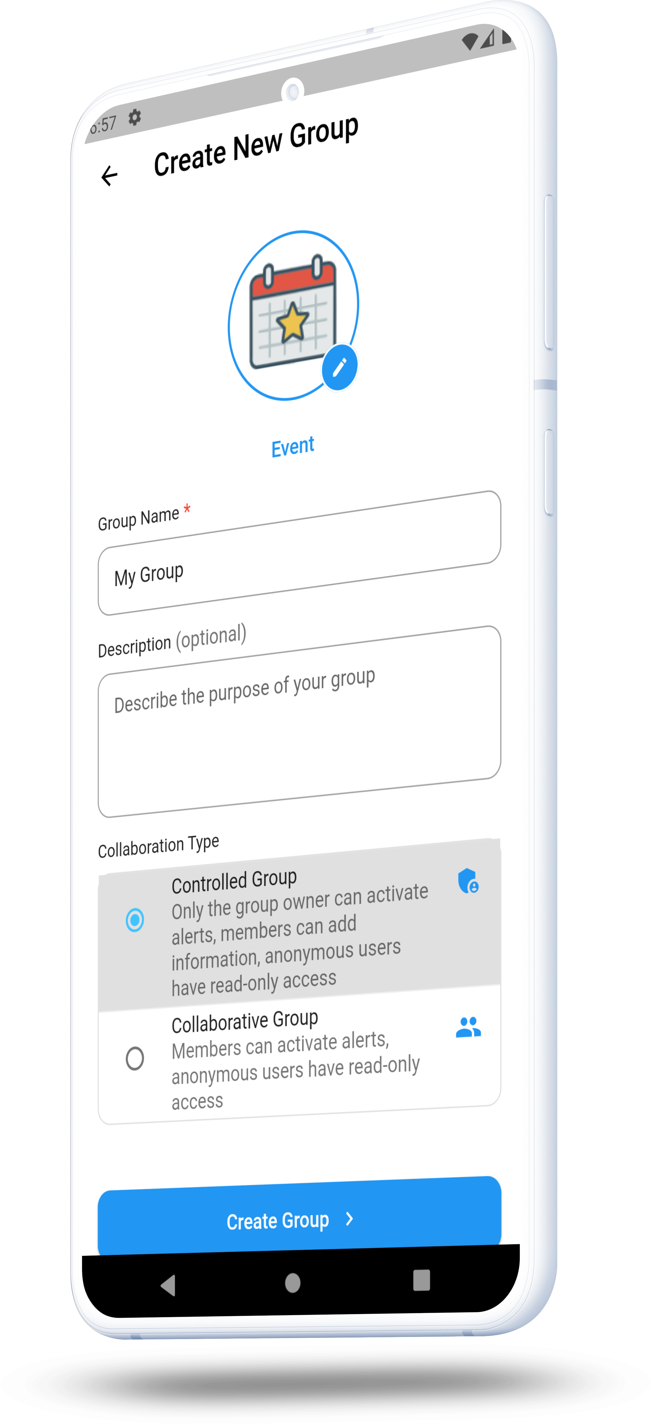 Création de groupe My Alert avec sélection de type et mode de gestion